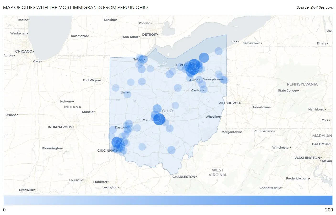 Cities with the Most Immigrants from Peru in Ohio Map