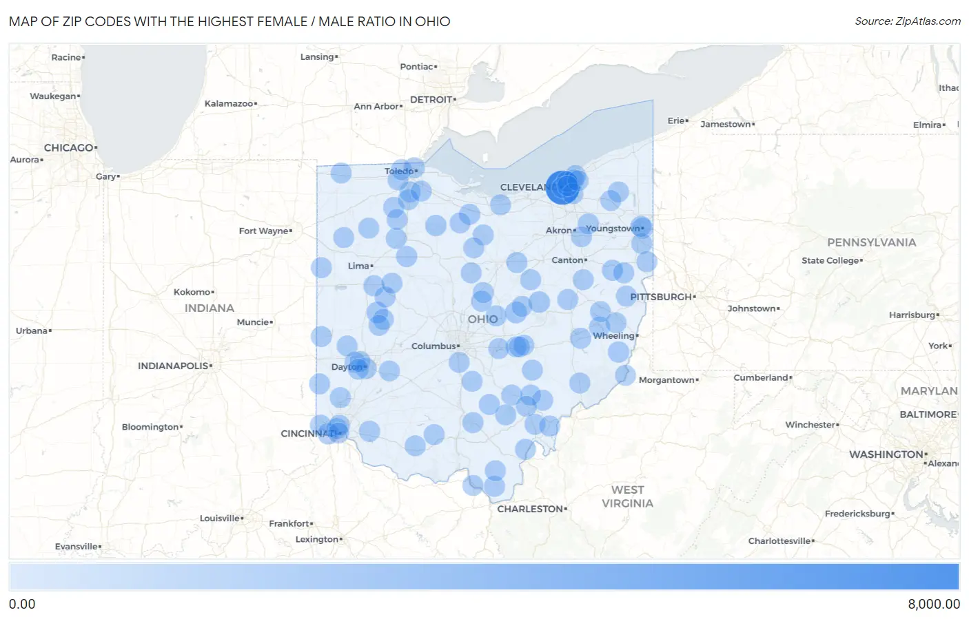 Zip Codes with the Highest Female / Male Ratio in Ohio Map