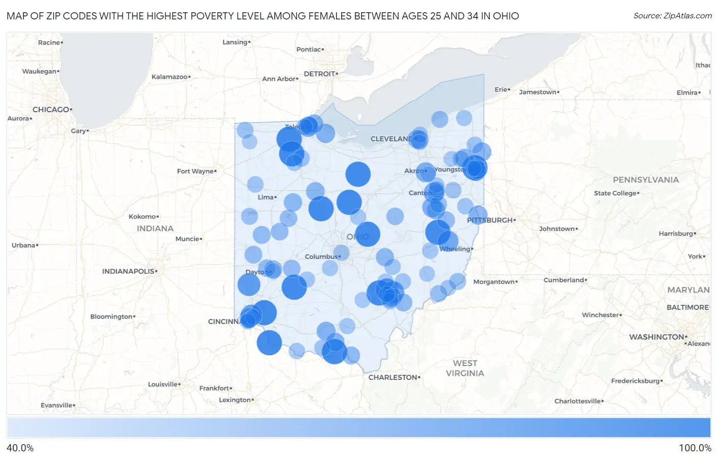 Zip Codes with the Highest Poverty Level Among Females Between Ages 25 and 34 in Ohio Map