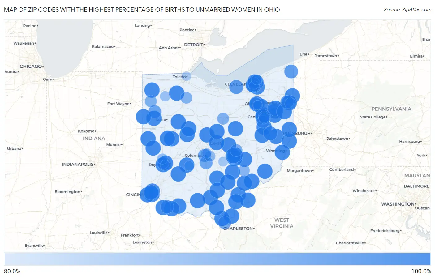 Zip Codes with the Highest Percentage of Births to Unmarried Women in Ohio Map