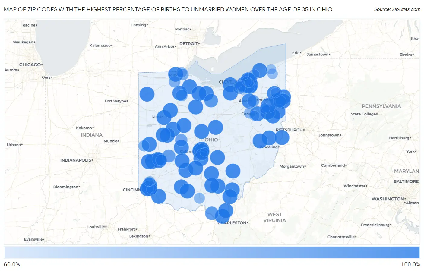 Zip Codes with the Highest Percentage of Births to Unmarried Women over the Age of 35 in Ohio Map