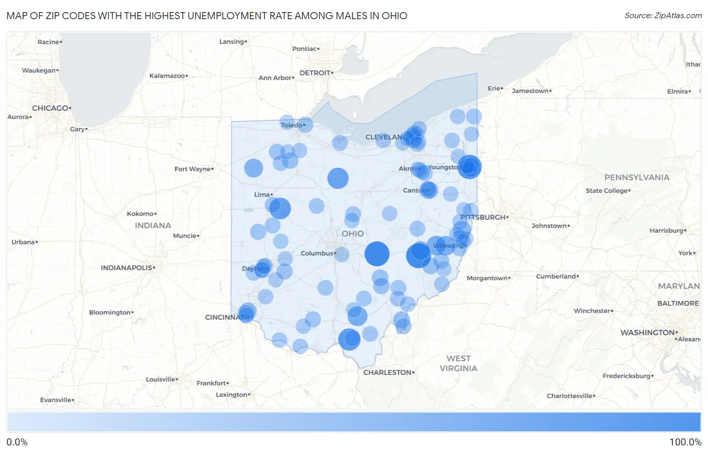 Zip Codes with the Highest Unemployment Rate Among Males in Ohio Map