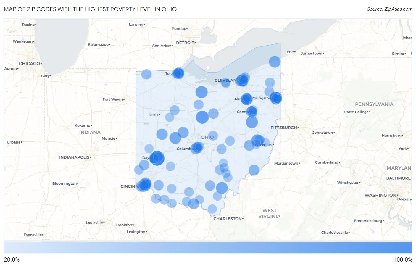 Zip Codes with the Highest Poverty Level in Ohio Map