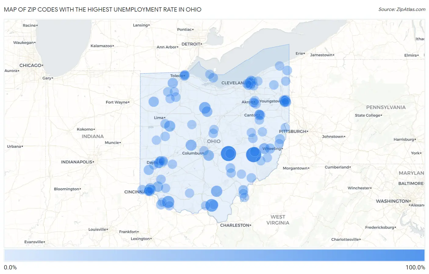 Zip Codes with the Highest Unemployment Rate in Ohio Map
