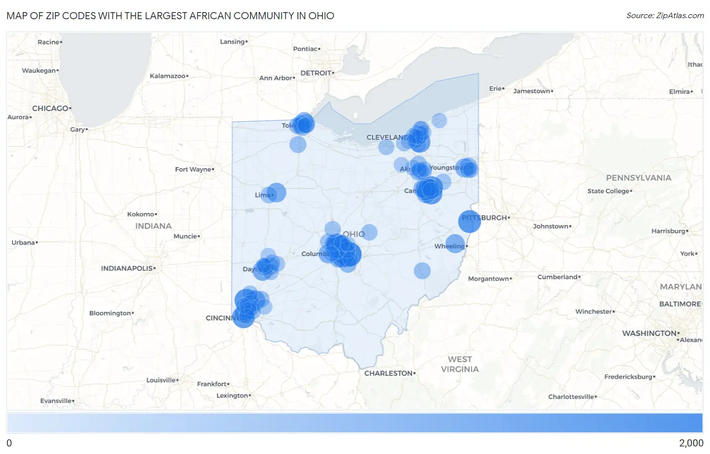 Zip Codes with the Largest African Community in Ohio Map