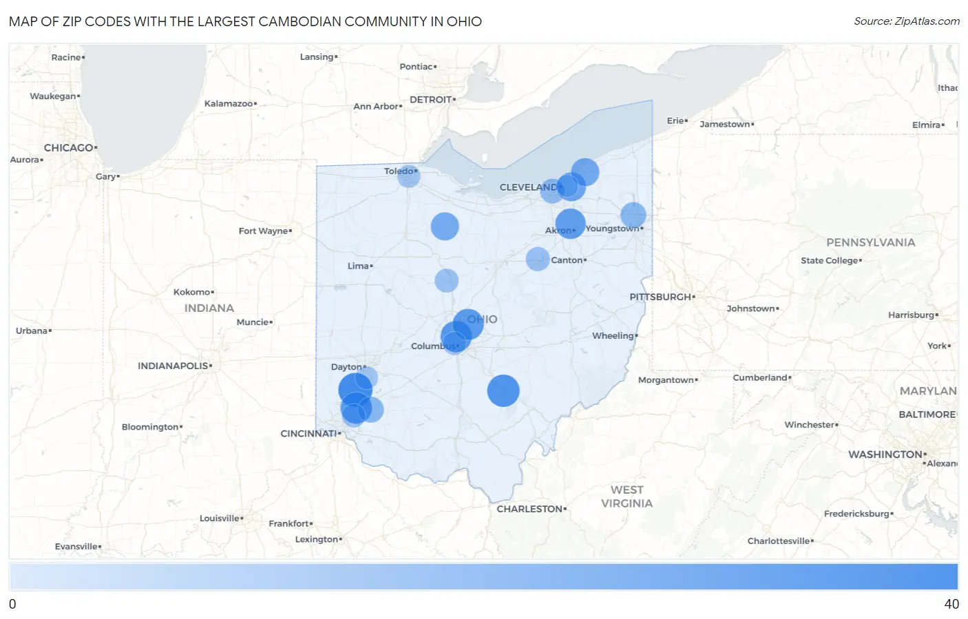 Zip Codes with the Largest Cambodian Community in Ohio Map