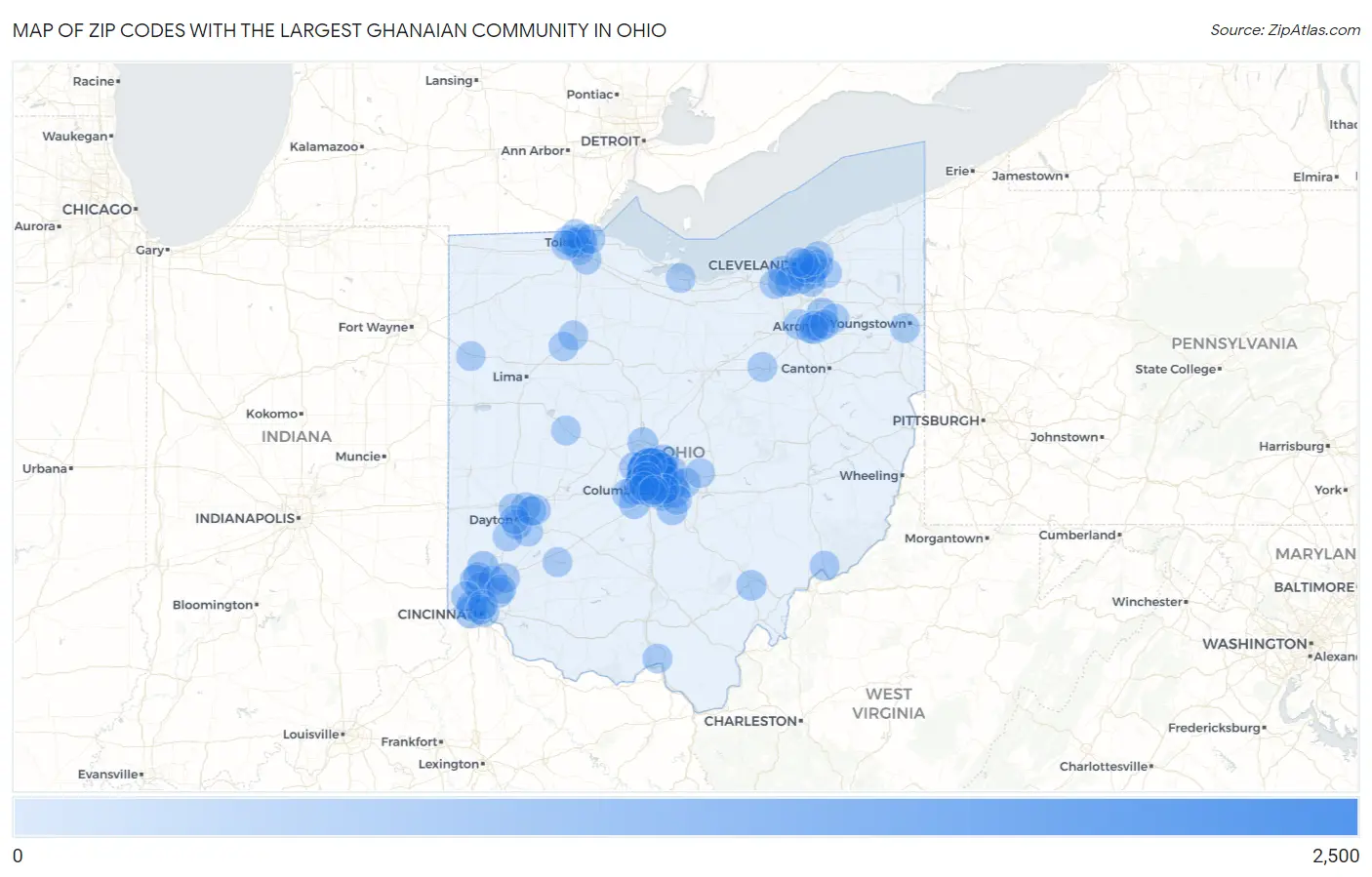 Zip Codes with the Largest Ghanaian Community in Ohio Map