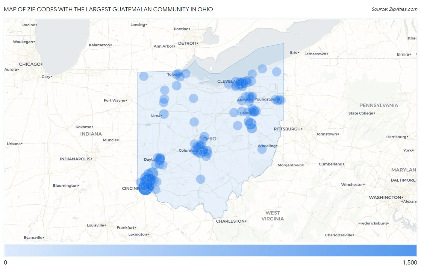 Zip Codes with the Largest Guatemalan Community in Ohio Map