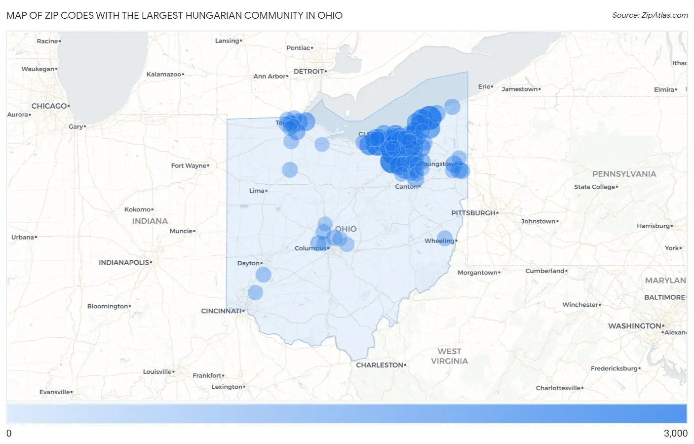 Zip Codes with the Largest Hungarian Community in Ohio Map