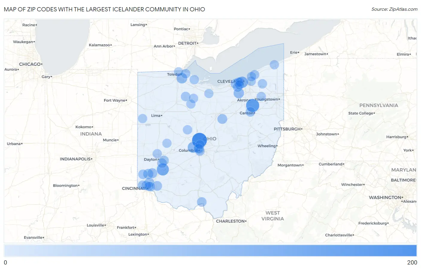 Zip Codes with the Largest Icelander Community in Ohio Map
