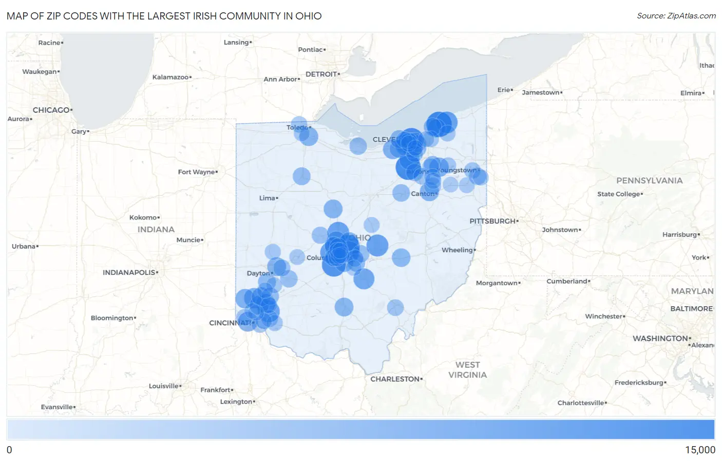 Zip Codes with the Largest Irish Community in Ohio Map