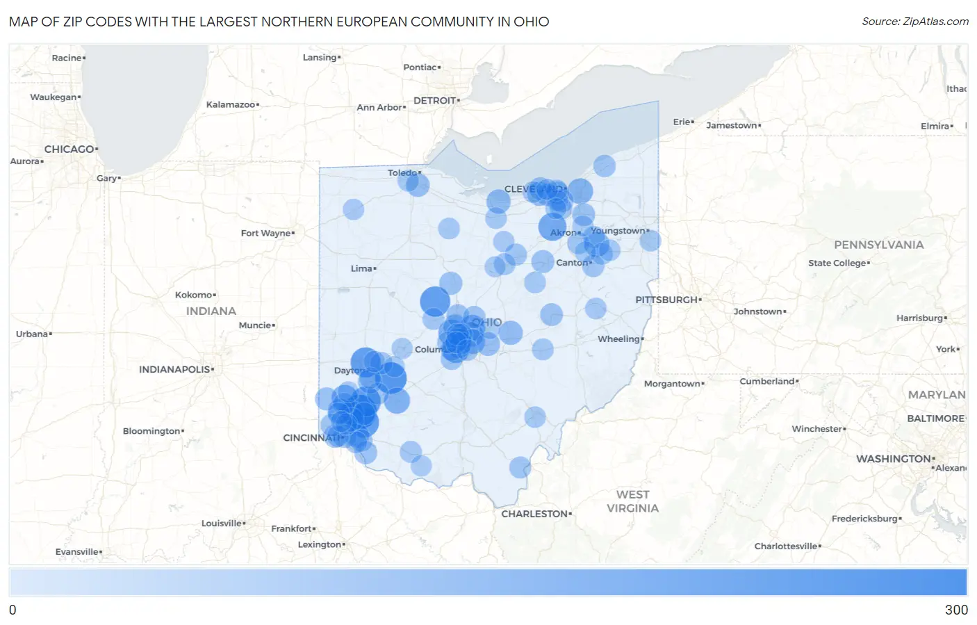 Zip Codes with the Largest Northern European Community in Ohio Map