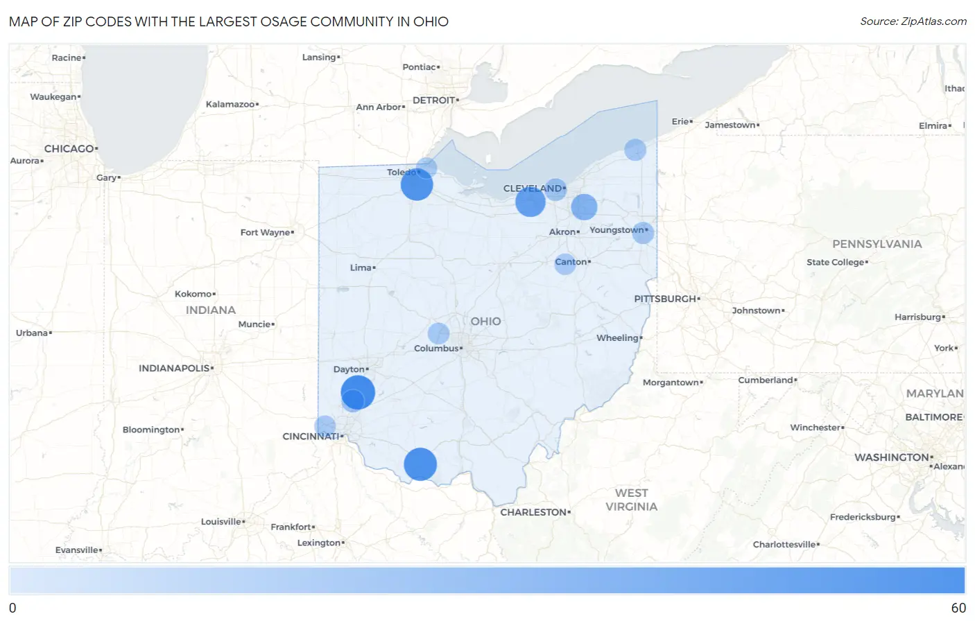 Zip Codes with the Largest Osage Community in Ohio Map