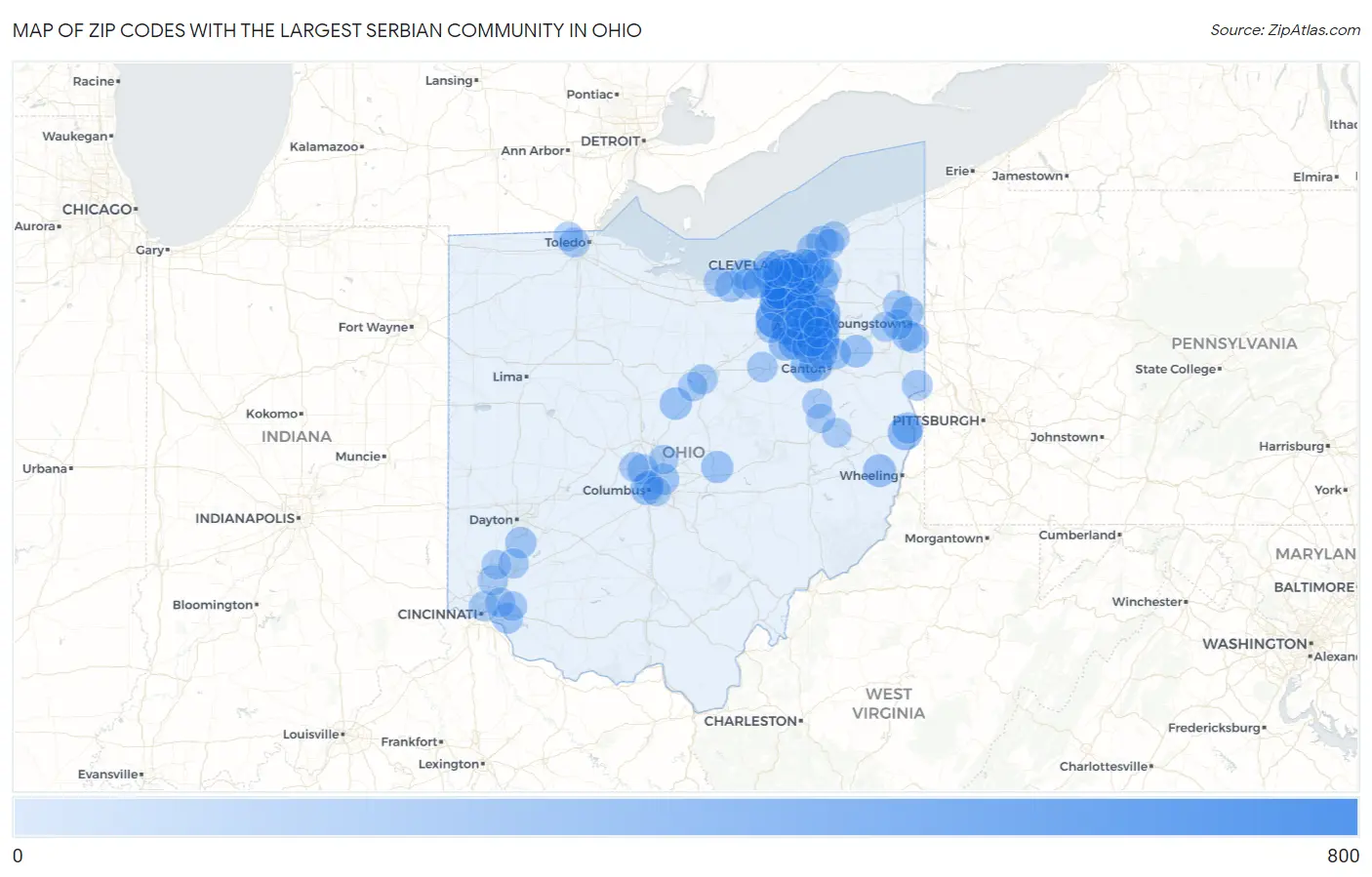 Zip Codes with the Largest Serbian Community in Ohio Map