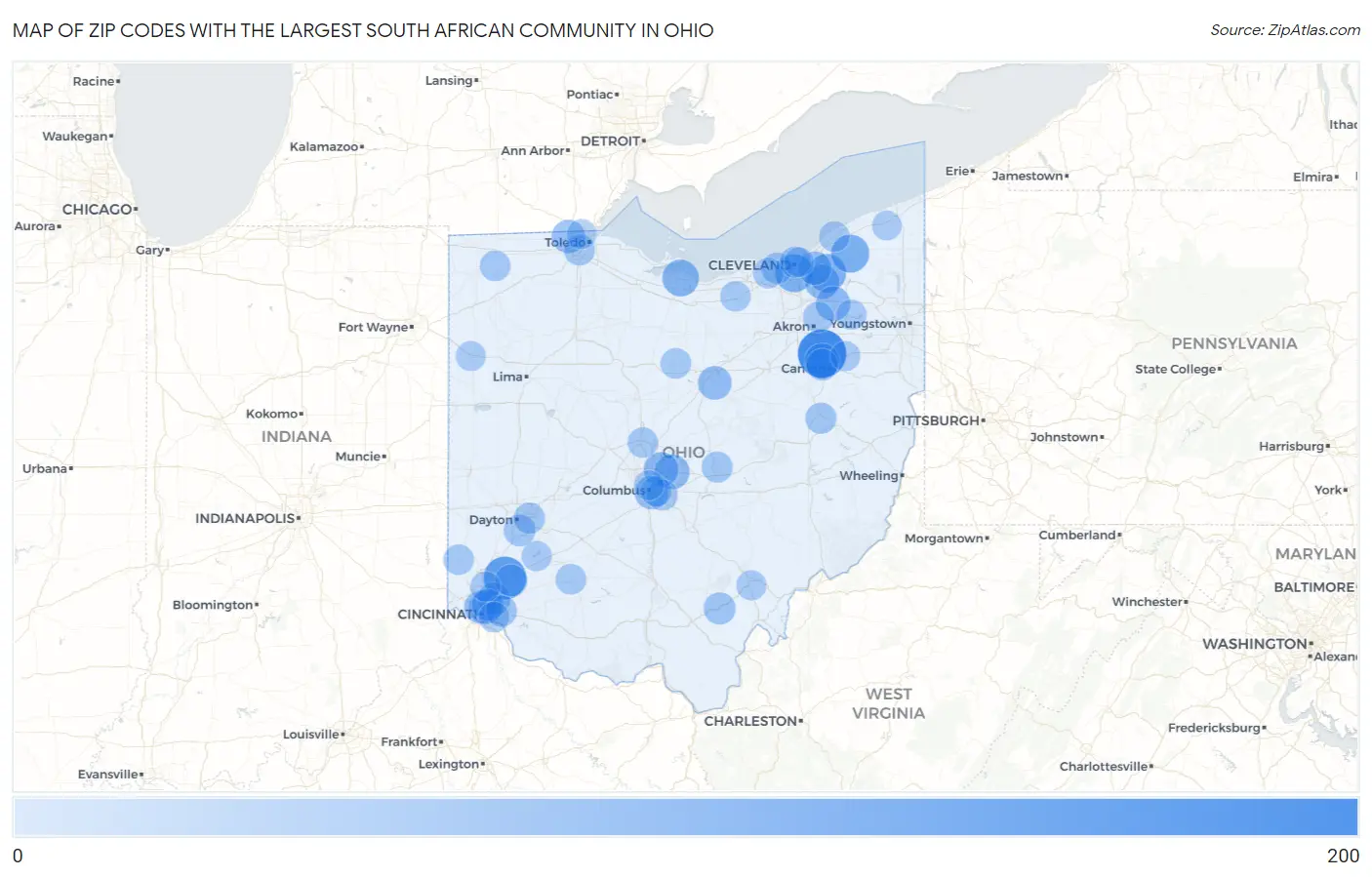 Zip Codes with the Largest South African Community in Ohio Map