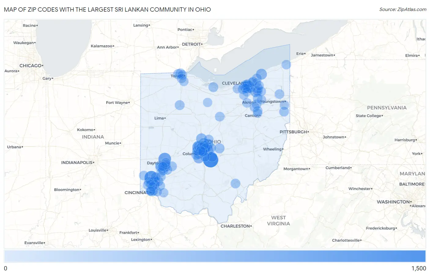 Zip Codes with the Largest Sri Lankan Community in Ohio Map