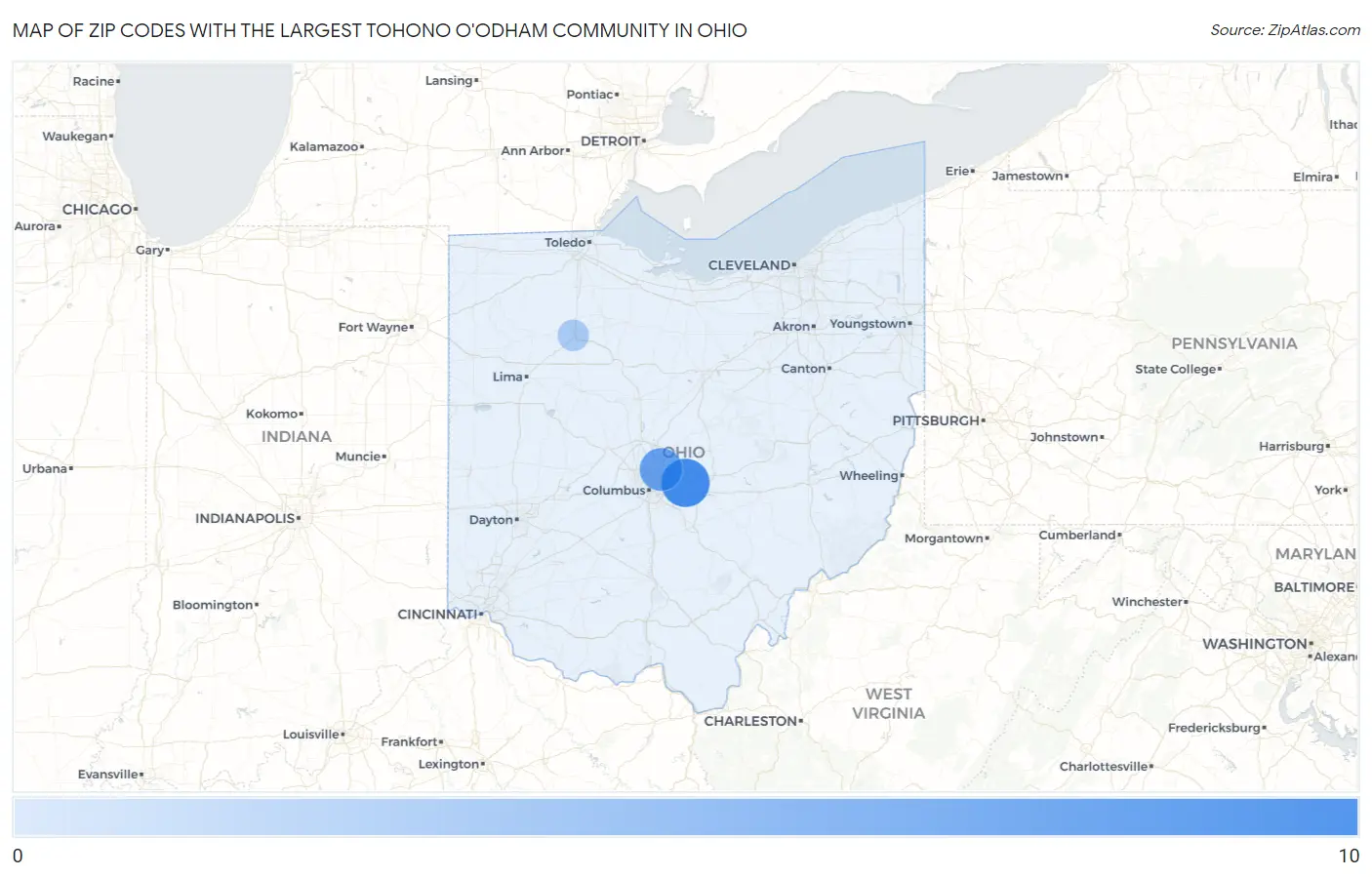 Zip Codes with the Largest Tohono O'Odham Community in Ohio Map
