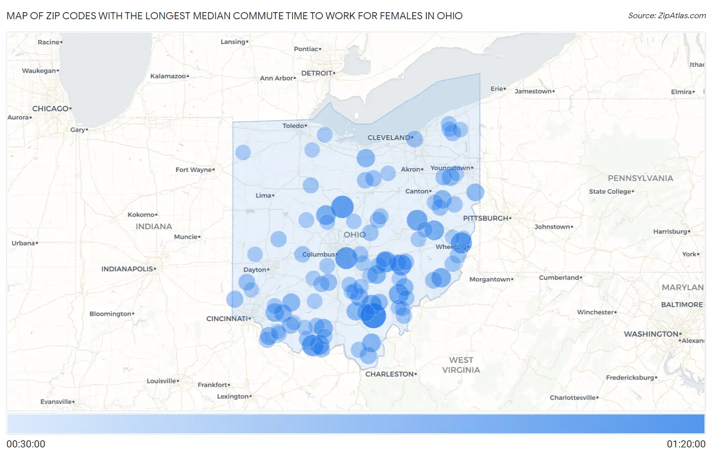 Zip Codes with the Longest Median Commute Time to Work for Females in Ohio Map