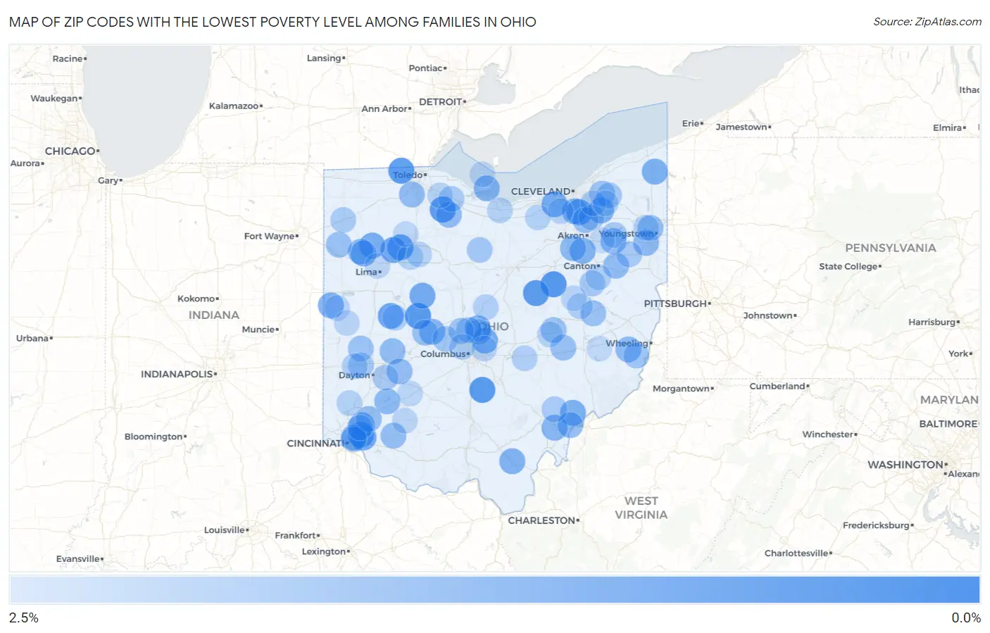 Zip Codes with the Lowest Poverty Level Among Families in Ohio Map