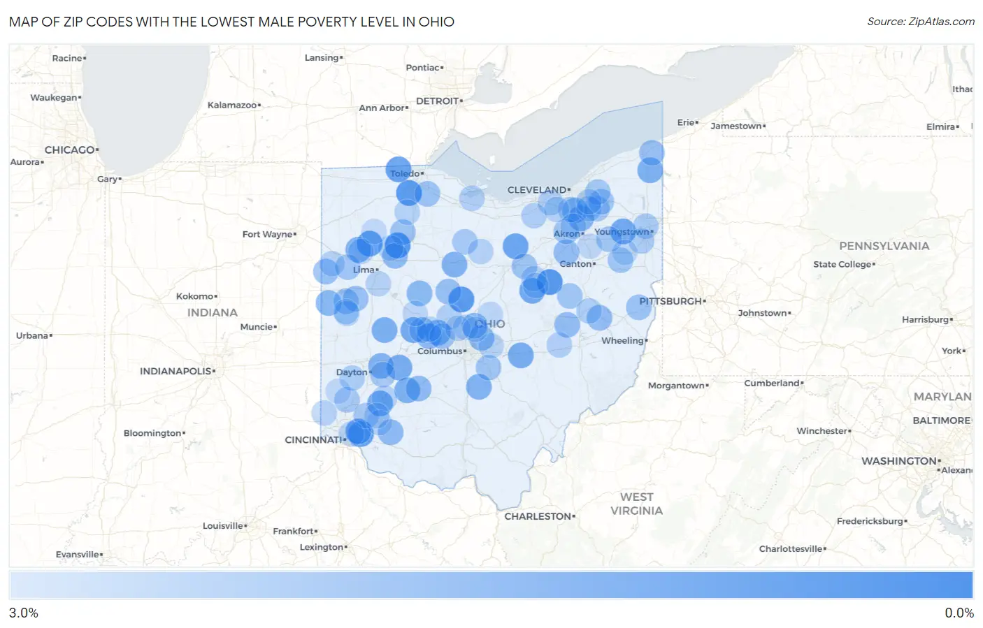 Zip Codes with the Lowest Male Poverty Level in Ohio Map