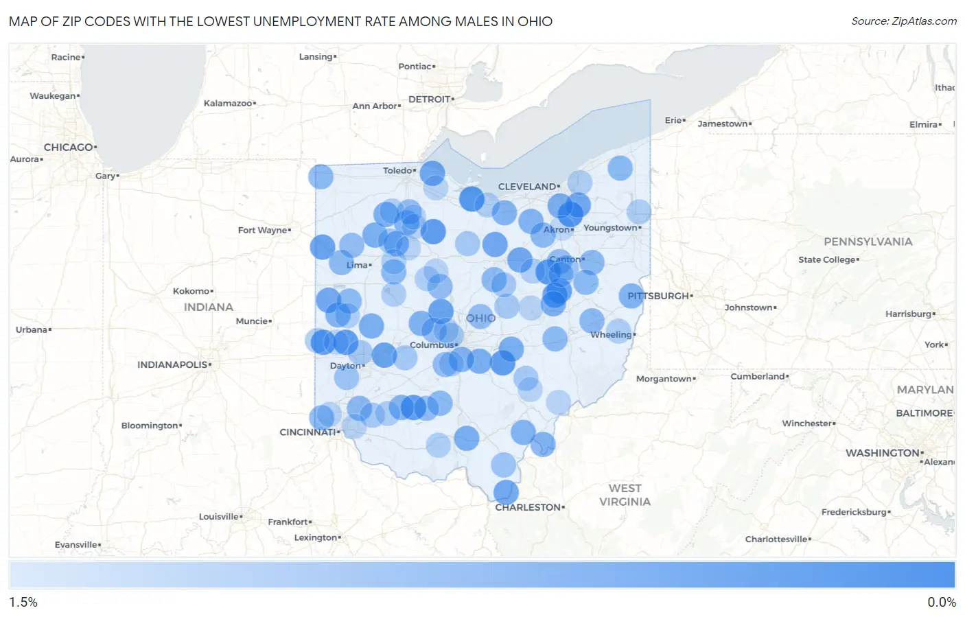 Zip Codes with the Lowest Unemployment Rate Among Males in Ohio Map