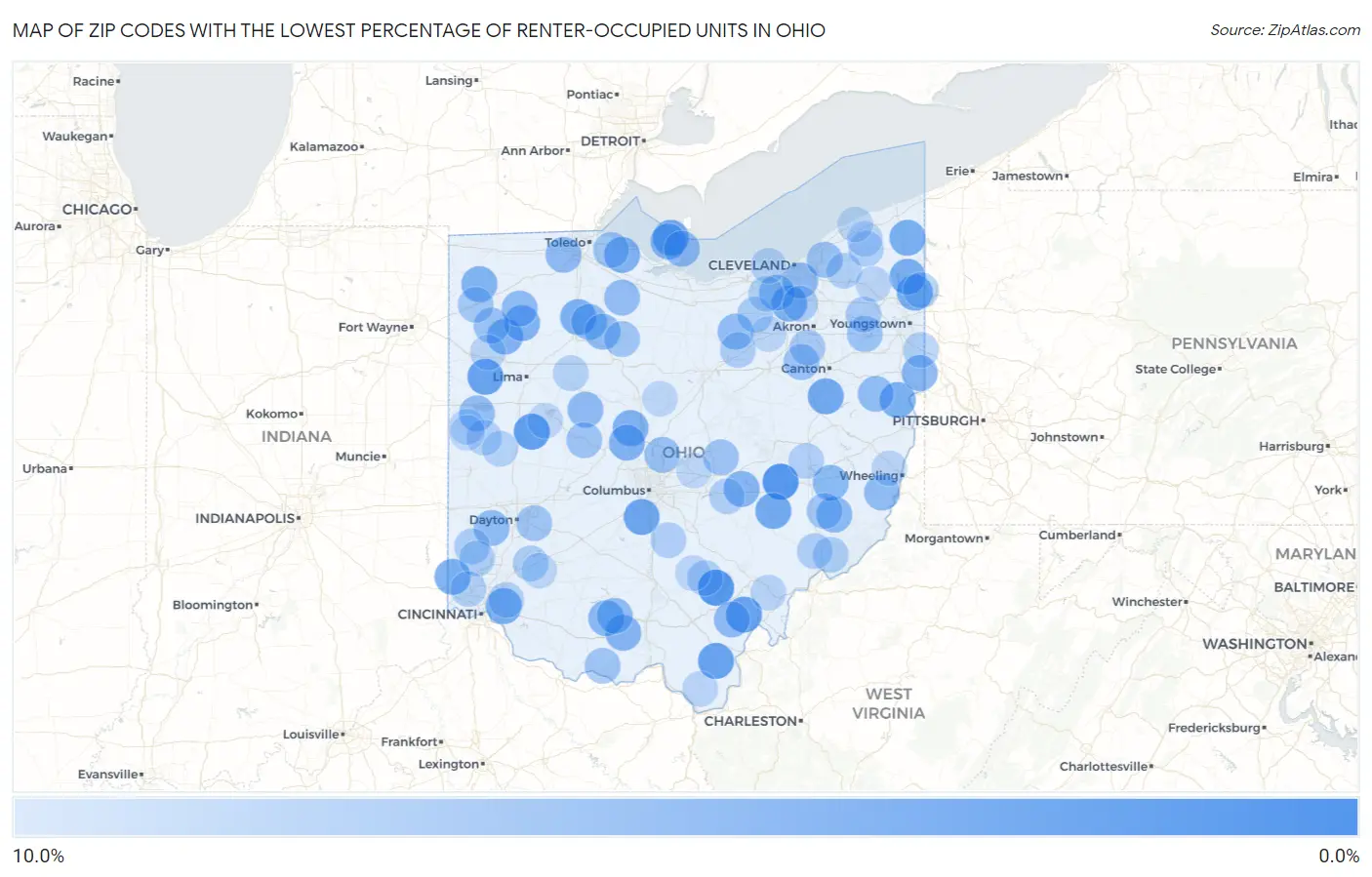Zip Codes with the Lowest Percentage of Renter-Occupied Units in Ohio Map