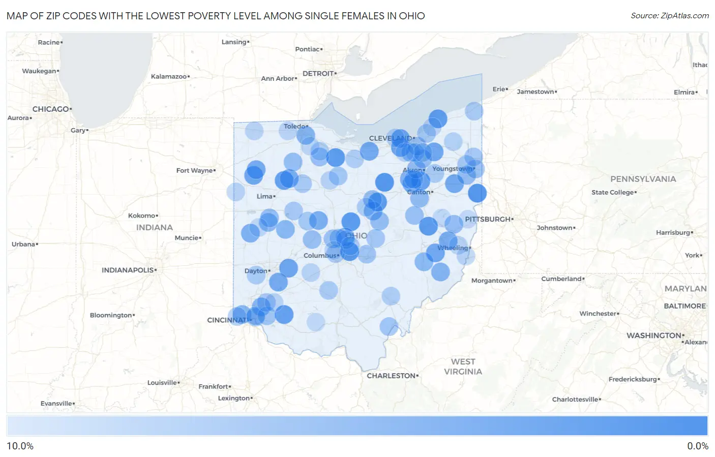 Zip Codes with the Lowest Poverty Level Among Single Females in Ohio Map