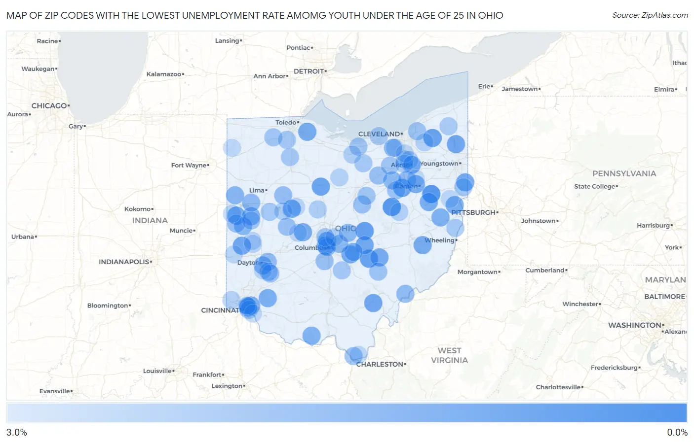Zip Codes with the Lowest Unemployment Rate Amomg Youth Under the Age of 25 in Ohio Map