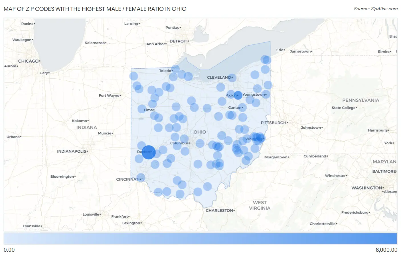 Zip Codes with the Highest Male / Female Ratio in Ohio Map