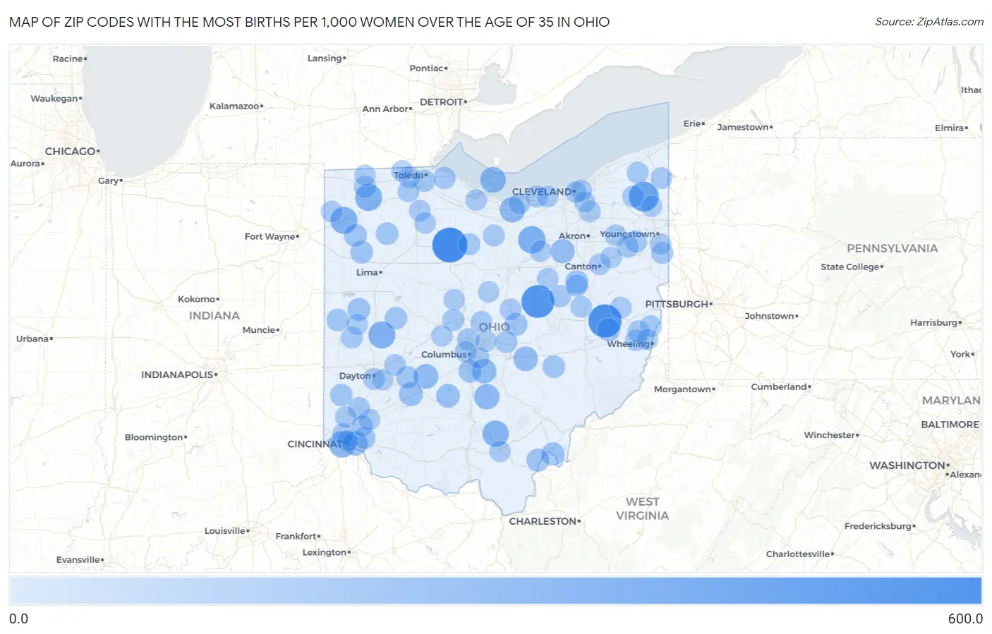 Zip Codes with the Most Births per 1,000 Women Over the Age of 35 in Ohio Map