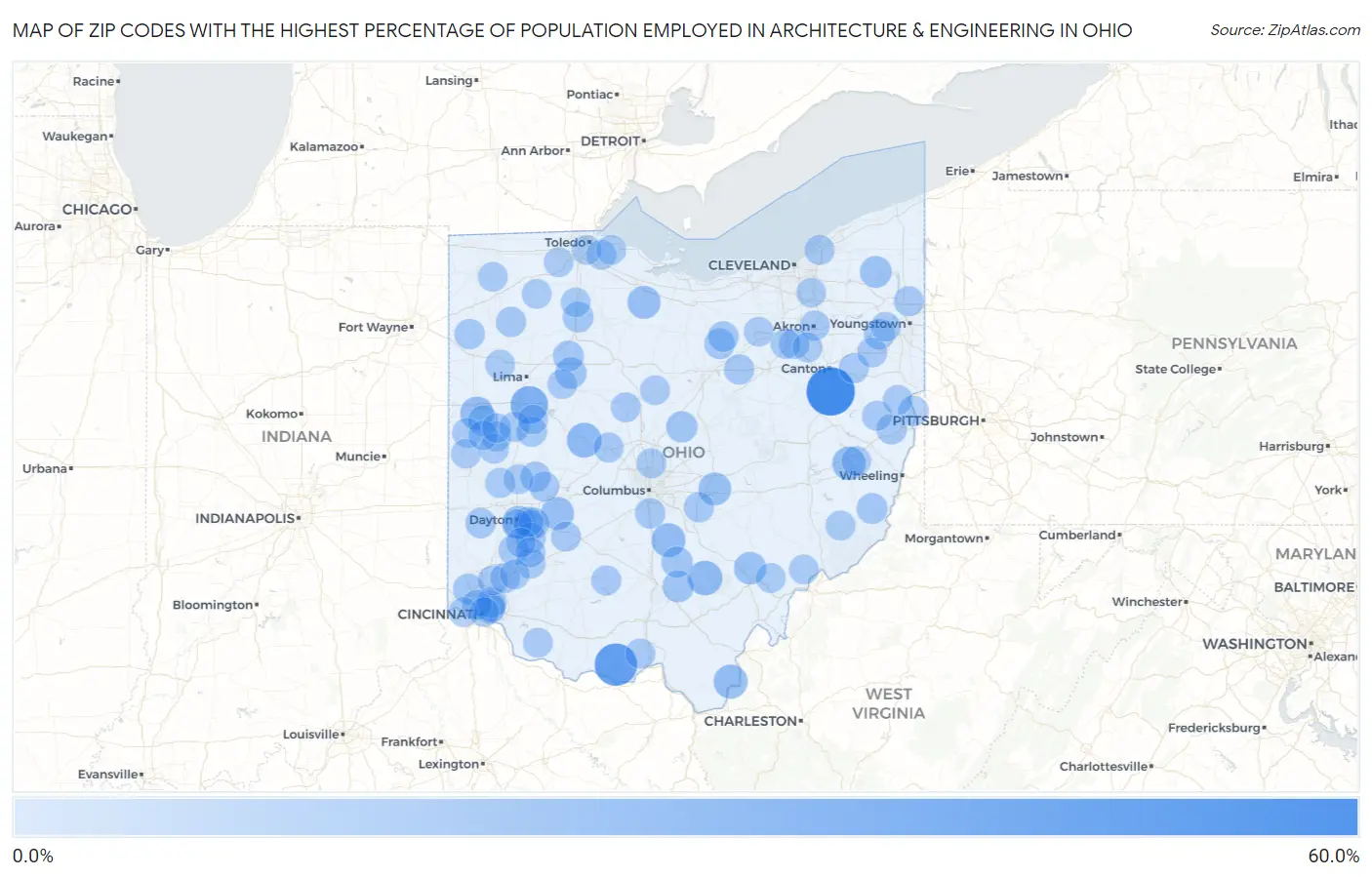 Zip Codes with the Highest Percentage of Population Employed in Architecture & Engineering in Ohio Map