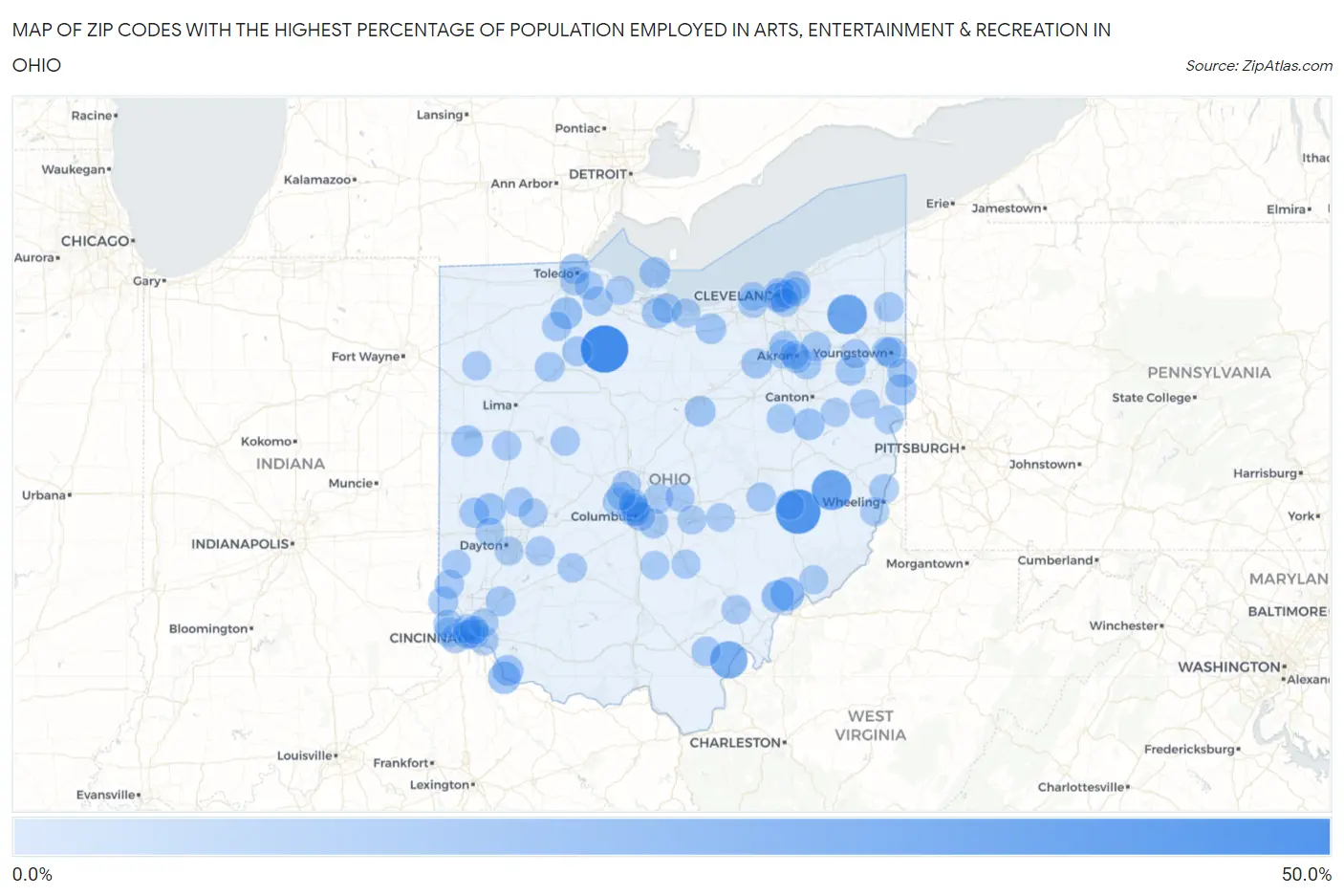 Zip Codes with the Highest Percentage of Population Employed in Arts, Entertainment & Recreation in Ohio Map