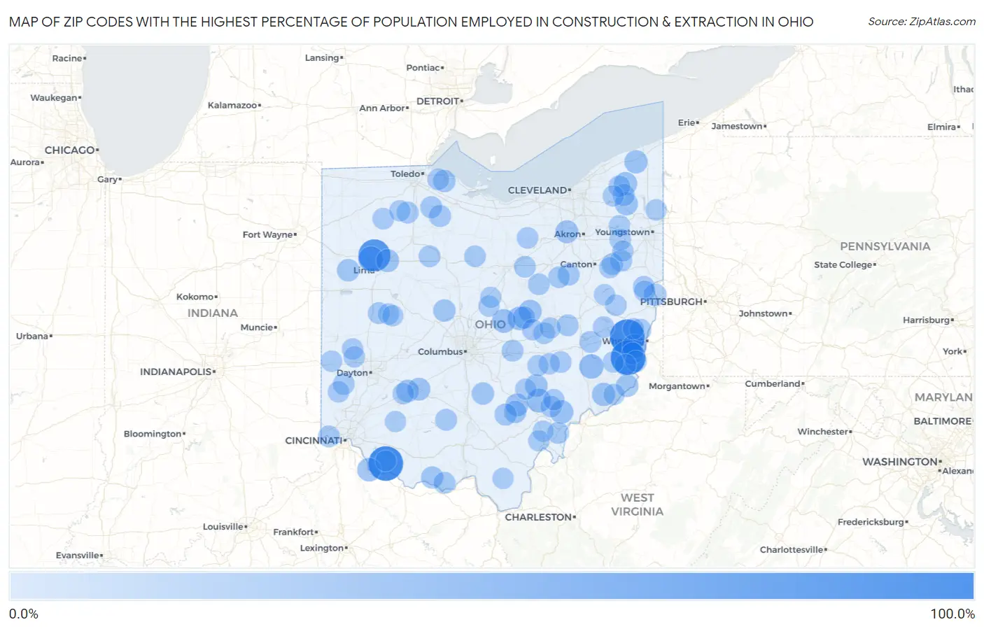 Zip Codes with the Highest Percentage of Population Employed in Construction & Extraction in Ohio Map