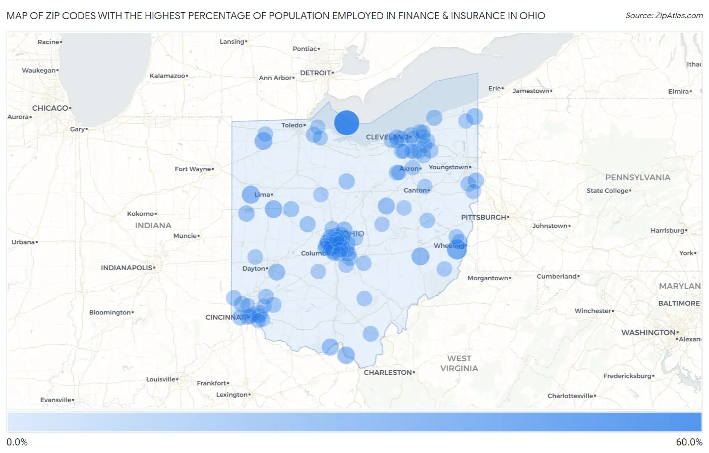 Zip Codes with the Highest Percentage of Population Employed in Finance & Insurance in Ohio Map