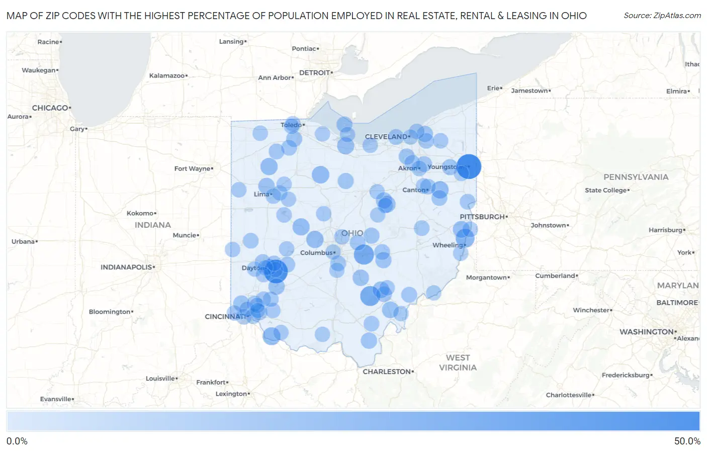 Zip Codes with the Highest Percentage of Population Employed in Real Estate, Rental & Leasing in Ohio Map