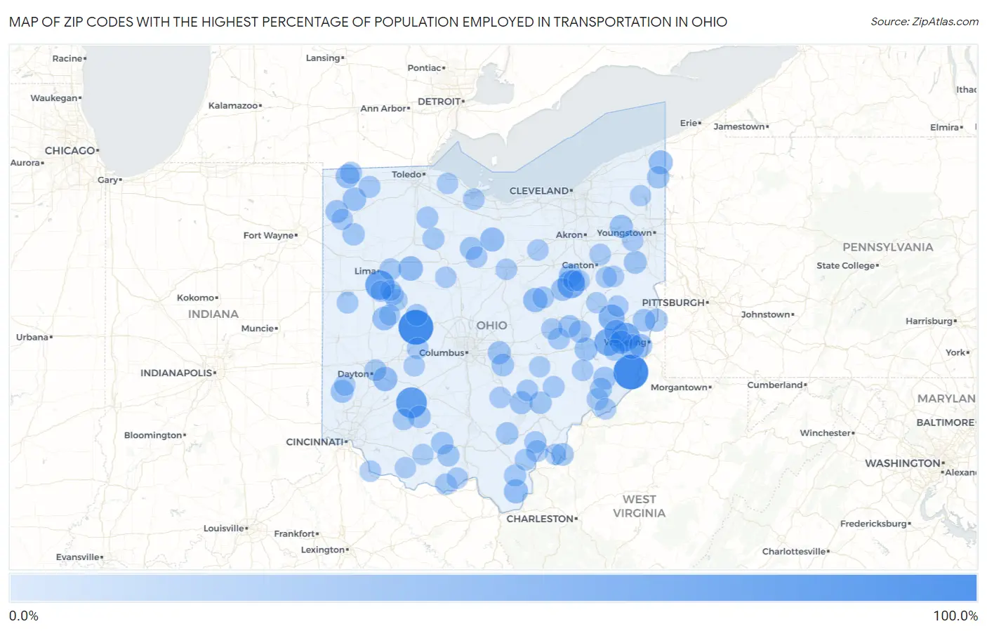 Zip Codes with the Highest Percentage of Population Employed in Transportation in Ohio Map