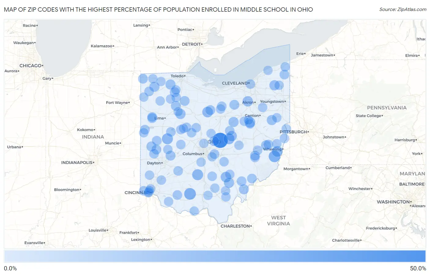 Zip Codes with the Highest Percentage of Population Enrolled in Middle School in Ohio Map