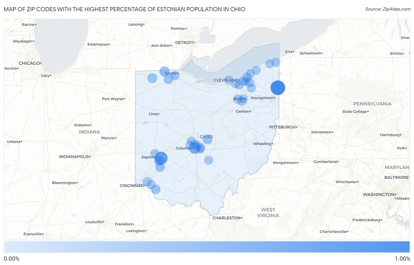Zip Codes with the Highest Percentage of Estonian Population in Ohio Map