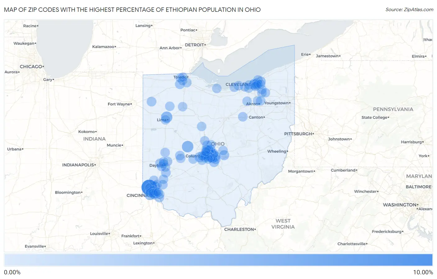 Zip Codes with the Highest Percentage of Ethiopian Population in Ohio Map