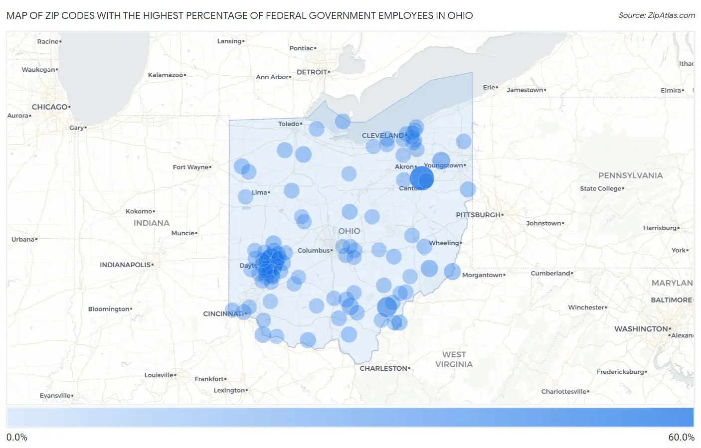 Zip Codes with the Highest Percentage of Federal Government Employees in Ohio Map