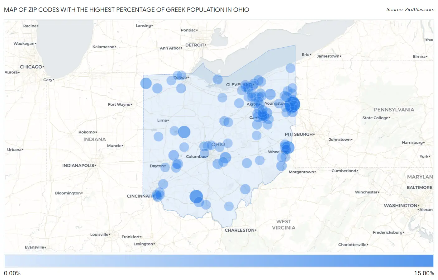 Zip Codes with the Highest Percentage of Greek Population in Ohio Map