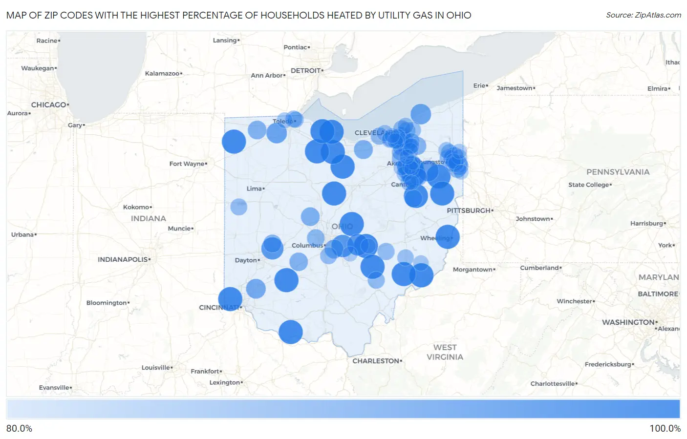 Zip Codes with the Highest Percentage of Households Heated by Utility Gas in Ohio Map