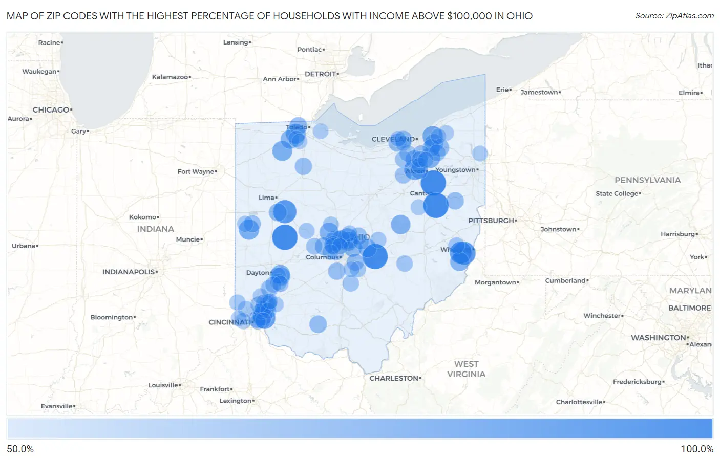Zip Codes with the Highest Percentage of Households with Income Above $100,000 in Ohio Map