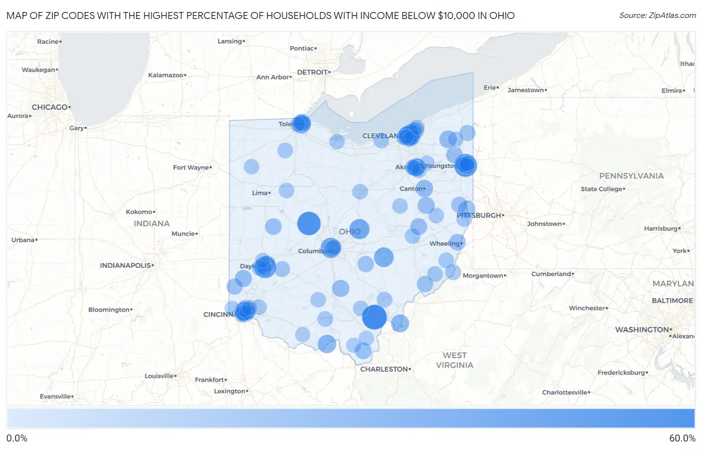Zip Codes with the Highest Percentage of Households with Income Below $10,000 in Ohio Map