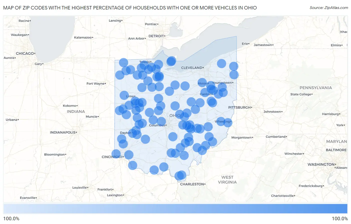 Zip Codes with the Highest Percentage of Households With One or more Vehicles in Ohio Map
