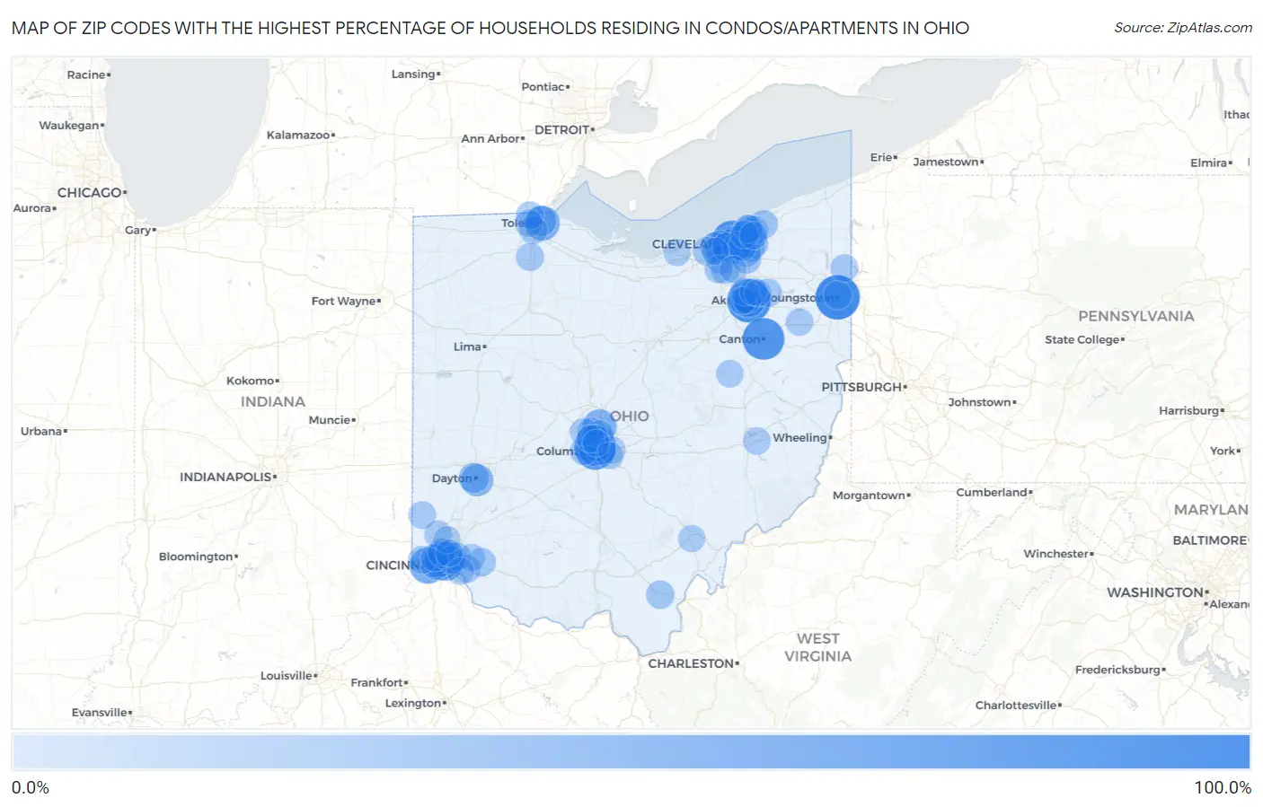 Zip Codes with the Highest Percentage of Households Residing in Condos/Apartments in Ohio Map