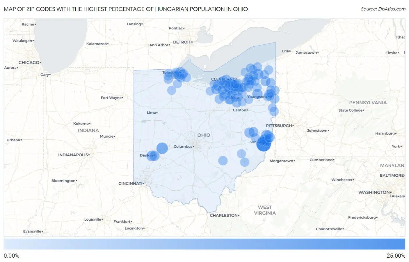 Zip Codes with the Highest Percentage of Hungarian Population in Ohio Map