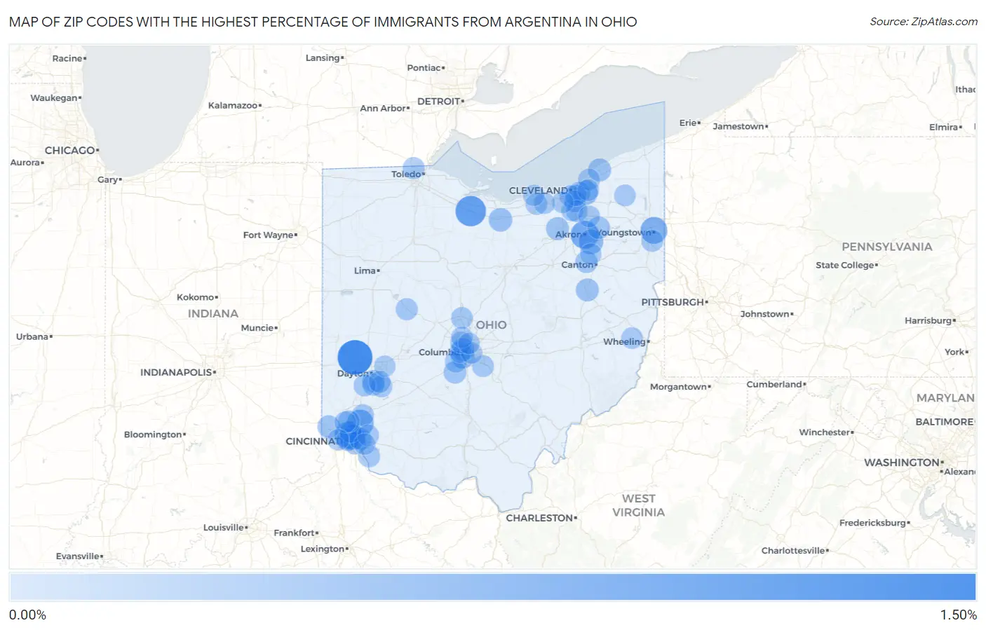 Zip Codes with the Highest Percentage of Immigrants from Argentina in Ohio Map