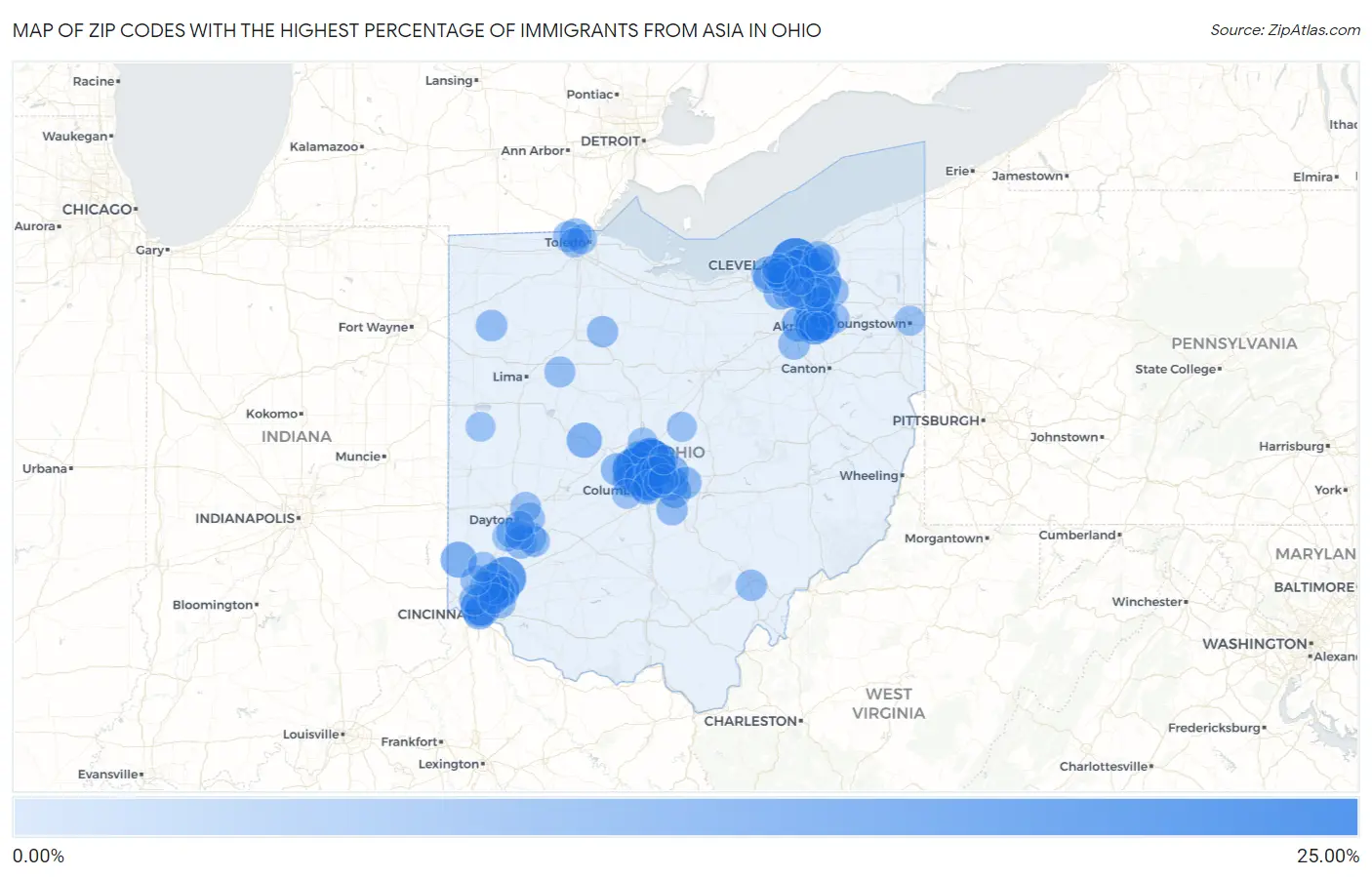 Zip Codes with the Highest Percentage of Immigrants from Asia in Ohio Map