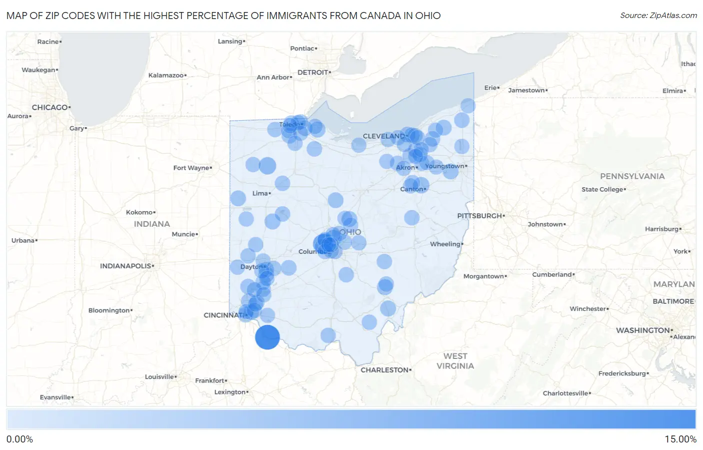Zip Codes with the Highest Percentage of Immigrants from Canada in Ohio Map